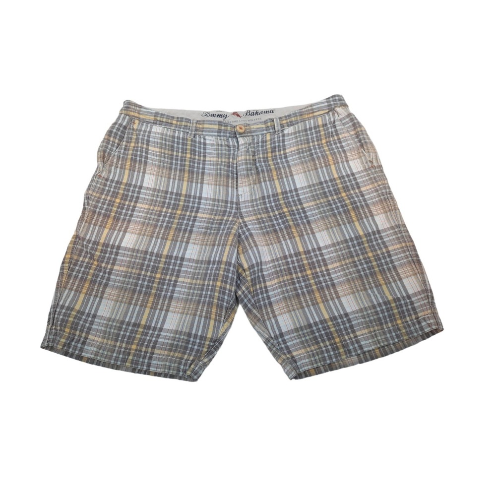 Tommy Bahama Neutral Plaid Linen Casual Shorts Size 36 Men's V23